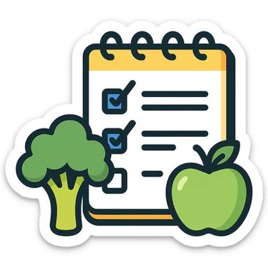 Vector-style illustration of a healthy diet checklist: an open notepad with checkmarks, placed beside fresh broccoli and a green apple. Clean, crisp lines, modern flat design with realistic soft shadows and highlights. High contrast, vibrant colors, minimalistic background. Professional, polished style, ideal for health or nutrition app or article illustration. sticker