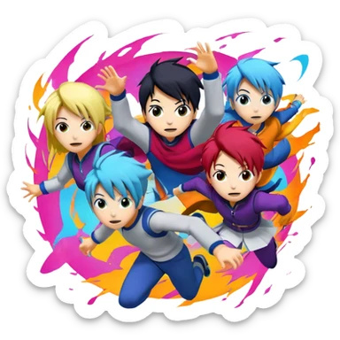Icon for Anime: vibrant, dynamic scene with anime characters in action, featuring exaggerated expressions and colorful backgrounds. The design should reflect the distinct, energetic style of anime, with iconic eyes and unique visual elements. Transparent background. sticker