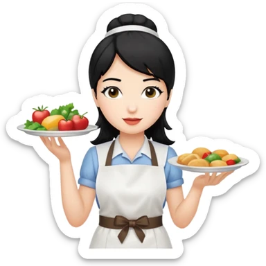 waitress with black hair and a food plate sticker