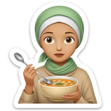 a woman wearing a headscarf is eating while holding a spoon sticker
