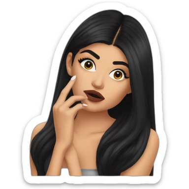 Kylie Jenner wondering and holding her finger on her lips sticker
