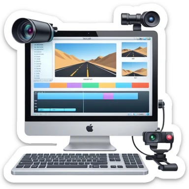 Create an emoji for video editing. Show a computer screen with a video timeline, clips, and editing tools (e.g., scissors). Add a video camera. Use modern, professional colors. Do not include any emojis or smiley faces. Make the background transparent sticker