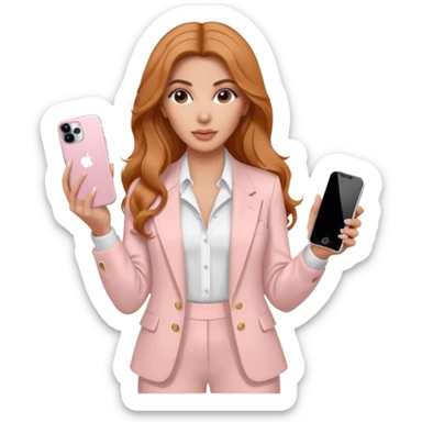 pale skin Kim Kardashian with ginger wavy long Hair, light pink  Spacious classical jacket, light pink palazzo Arrow pants and white blouse holding white IPhone 15 pro in the hands sticker