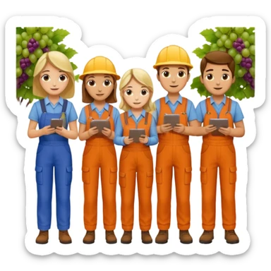 Make a photo of 5 project managers, specificly 3 girls and 2 boys, that are making project for improvment of the vineyard sticker