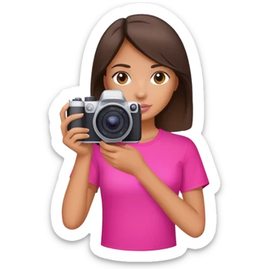 brunette girl with hot pink shirt holding camera sticker