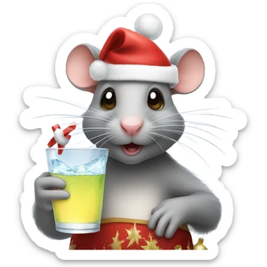a rat with a glass of sparkling water. While wearing a Christmas hat sticker