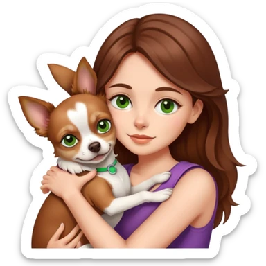 girl with brown hair and green eyes hugs chihuahua dog sticker