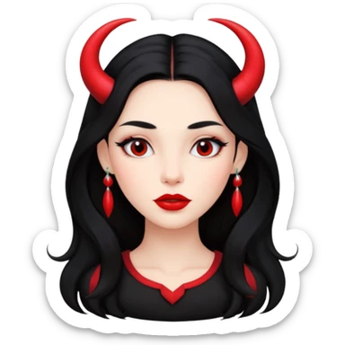 A girl's face with cheekbones, red skin, long black hair, small red horns, big lips sticker