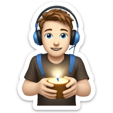white boy with brown hair, blue eyes, with gamer headset, lightning a candle sticker