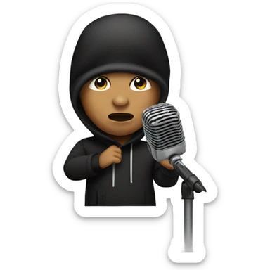 Mexican boy rapping into a microphone with a black ski mask sticker