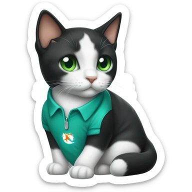 cute tuxedo cat green eyes in miami dolphins shirt sticker