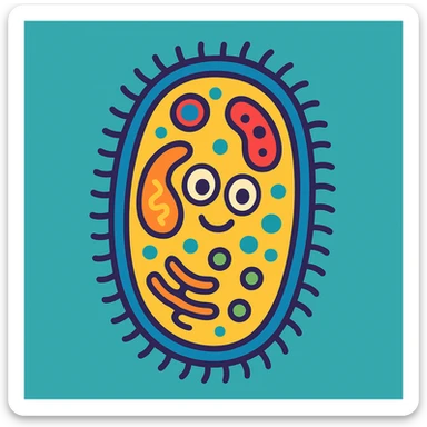 simplified cartoon style bacteria with cell organs, colorful and friendly sticker
