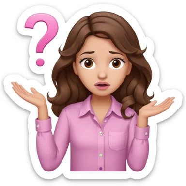 girl with wavy long brown hair, brown eyes, light to medium complexion, long lashes, light pink lipstick, wearing light pink shirt, shrugging with both hands, confused, question mark sticker