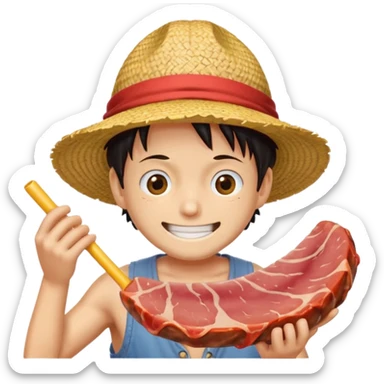 An emoji of luffy in a straw hat in one piece eating meat and laughing.  sticker