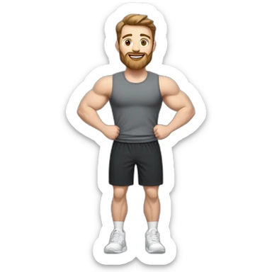 Full height Actively gesturing with hands Pale skinned Fit Man With the biceps and brown hair in dark gray Sleeveless Mike, black oversize sports shorts, watch and white Sneakers sticker