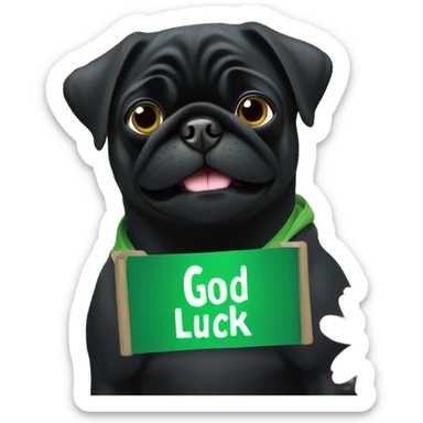 Black pug , surrounded by flowers, holding a green sign that says “good luck”  sticker