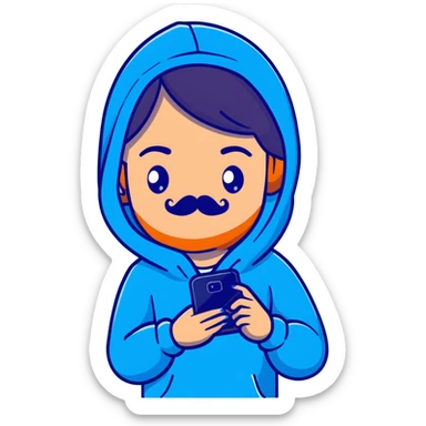 Girl with mustache in blue hoodie and phone sticker