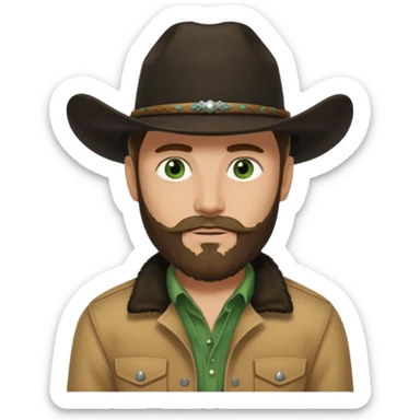 yellowstone dutton ranch cowboy with beard and green eyes, black cowboy hat, black t-shirt and tan jacket sticker