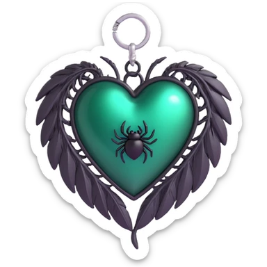 3D emoji gothic heart, dark emerald glass texture, silver spider charm, feather accents sticker