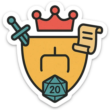 minimalist icon of a stylized shield or crown as an admin symbol with subtle DnD/RPG touches like dice, sword, or scroll, very worn and distressed effect sticker