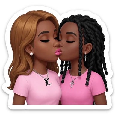 Bimbo, pearl earrings stud, Light pink cute lips, black eyebrows, long honey brown hair, dark brown skin, playboy necklace with lashes, light pink shirt, kissing the goth black girl with pink shirt, with brown skin, cross earrings, ankh necklace with black dreadlocks sticker