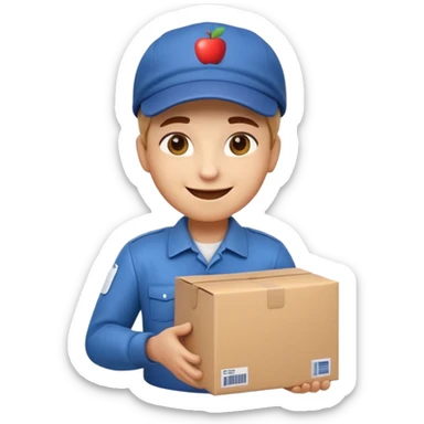 3D Apple-style emoji of a delivery worker holding a cardboard package. Wearing a cap and uniform shirt, smiling expression. Rounded, glossy, smooth, soft shadows, white background.




 sticker