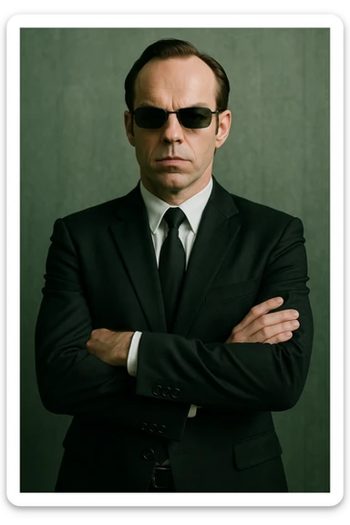 Agent Smith from The Matrix, standing with arms crossed, black suit and tie, sunglasses sticker