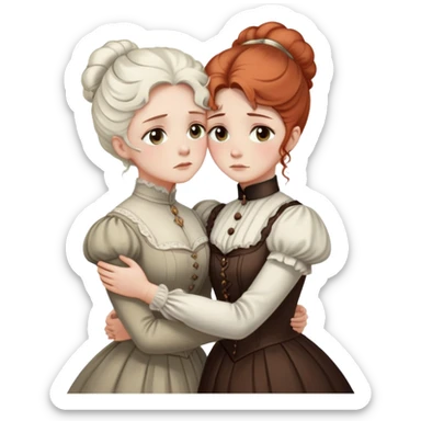 Two Victorian women with light eyes, one with white coiffed hair and one with copper coiffed hair, wearing Victorian high-neck dresses, embracing in a sad intimate hug sticker