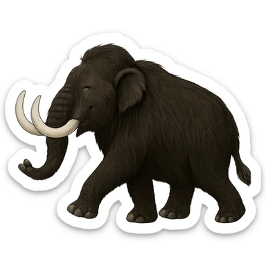 profile side view of a happy wooly mammoth with black fur and two white tusks, walking mid stride, no background sticker