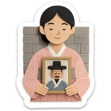 a young woman in a pale pink, sheer hanbok holding a traditional Korean portrait in front of a grey stone wall, paper craft style sticker