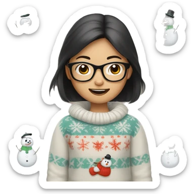 asian girl with glasses and snowman sweater shaking cowbell sticker