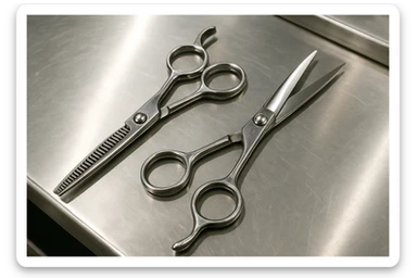 A set of professional barber scissors lies on a stainless steel workbench, gleaming under the bright lights. The blades are sharp and precise, with smooth handles showing signs of frequent use, ready for the next cut sticker