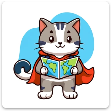 Explorer cat with map in paws, mountains and starry sky background, wearing explorer outfit with flowing cape, gazing at horizon sticker