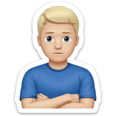 Pale blond man in blue football t shirt crossed arms trembling from cold sticker