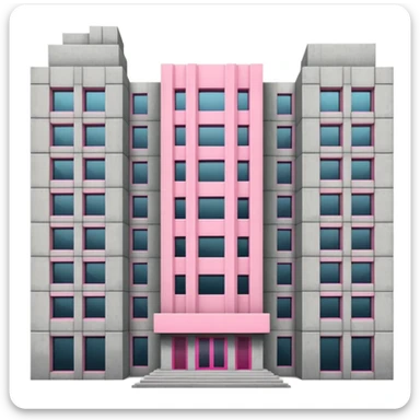 Brutalist concrete government building with one distinctive pink window and many standard windows sticker