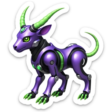 Futuristic mechanical cyborg horned modern badass cool shiny metallic alloy black-obsidian purple neon-green white lime animal hybrid Fakemon full body with intricate patterns sticker