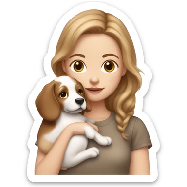 White girl with light brown hair holding a doodle puppy sticker
