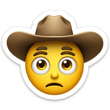 Yellow circle emoji wide eyed with a concerned look on its face wearing a cowboy hat sticker