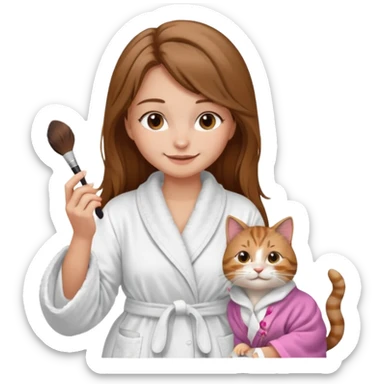 A image of a girl with light long brown hair wearing a bathrobe doing her makeup with her chubby grey tabby cat. She is smiling sticker