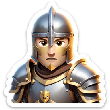 clash-of-clans-aesthetic_-cinematic-fearsome-and-majestic-knight-bust-portrait-emoji, rendered in a flat, vector-style with minimal shading and bold, simplified shapes, depicting a battle-ready medieval knight with steely eyes and intricate armor, riding on a black warhorse looking regal reflecting sunlight over a misty battlefield. sticker