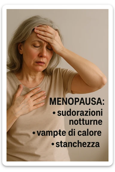 Donna in menopausa con sintomi evidenti. immagini specifiche, se usi testo deve essere in italiano. immagini realistiche 4k sticker