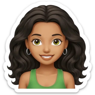 a pretty bratz brown girl with long wavy black color hair, brown eyes and green tank who is smiling sticker