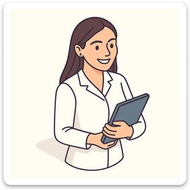 Edit the image of a female doctor with dark long straight hair and brown eyes, smiling, wearing a white medical coat in 2D isometric style with a minimalist background. Add a variation where she holds a tablet or notebook in her hand. sticker
