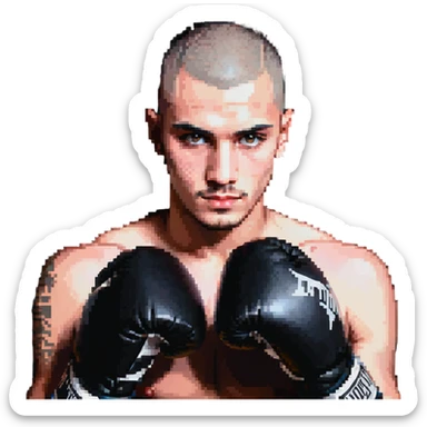 white man with dark hair, dark eyes, buzzcut faded haircut, wearing boxing gloves sticker