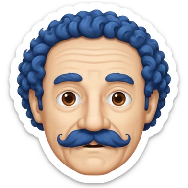 old guy with very curly dark hair and big blue  mustache sticker