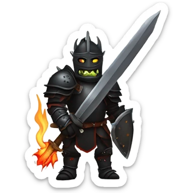 Orc black knight with night armor, sword with flames, Halloween theme, emoji sticker