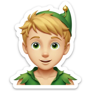 Cinematic Realistic Peter Pan Portrait, head tilted dramatically with an exaggeratedly amused expression, featuring sparkling eyes filled with playful mischief. His iconic outfit is rendered in vivid detail with dynamic shadows, capturing the delightful interplay of bravery and whimsy that defines his timeless character. sticker