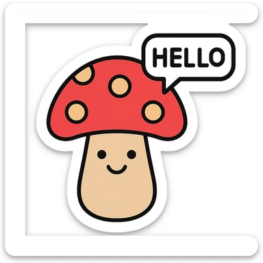 red mushroom with friendly greeting, lineal color icon with black outlines sticker