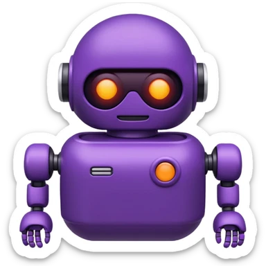 Cute deep purple robot emoji, pill-shaped body, dark visor with glowing white simple eyes and smile. Flat 2D vector art, die-cut sticker with white border, minimalist, white background. sticker