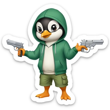 A cute half-dolphin half-penguin thug with a gun, wearing a blood-stained green hoodie and Dollar General shorts sticker
